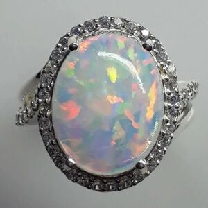 14K White Gold Opal 5CT Halo Diamond Cluster Eternity Engagement Wedding Ring